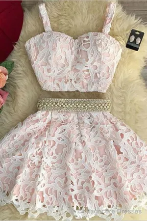 2025 Two Piece A Line Lace Homecoming Dresses, Spaghetti Straps Beaded Waistline