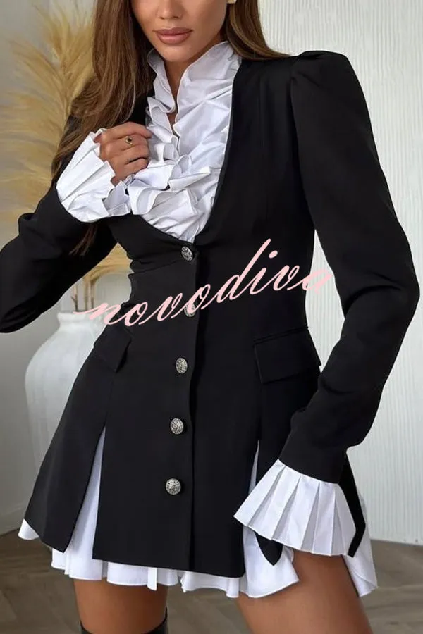 Altair Contrast Ruffled Shirt Patchwork Button Pleated Blazer Mini Dress