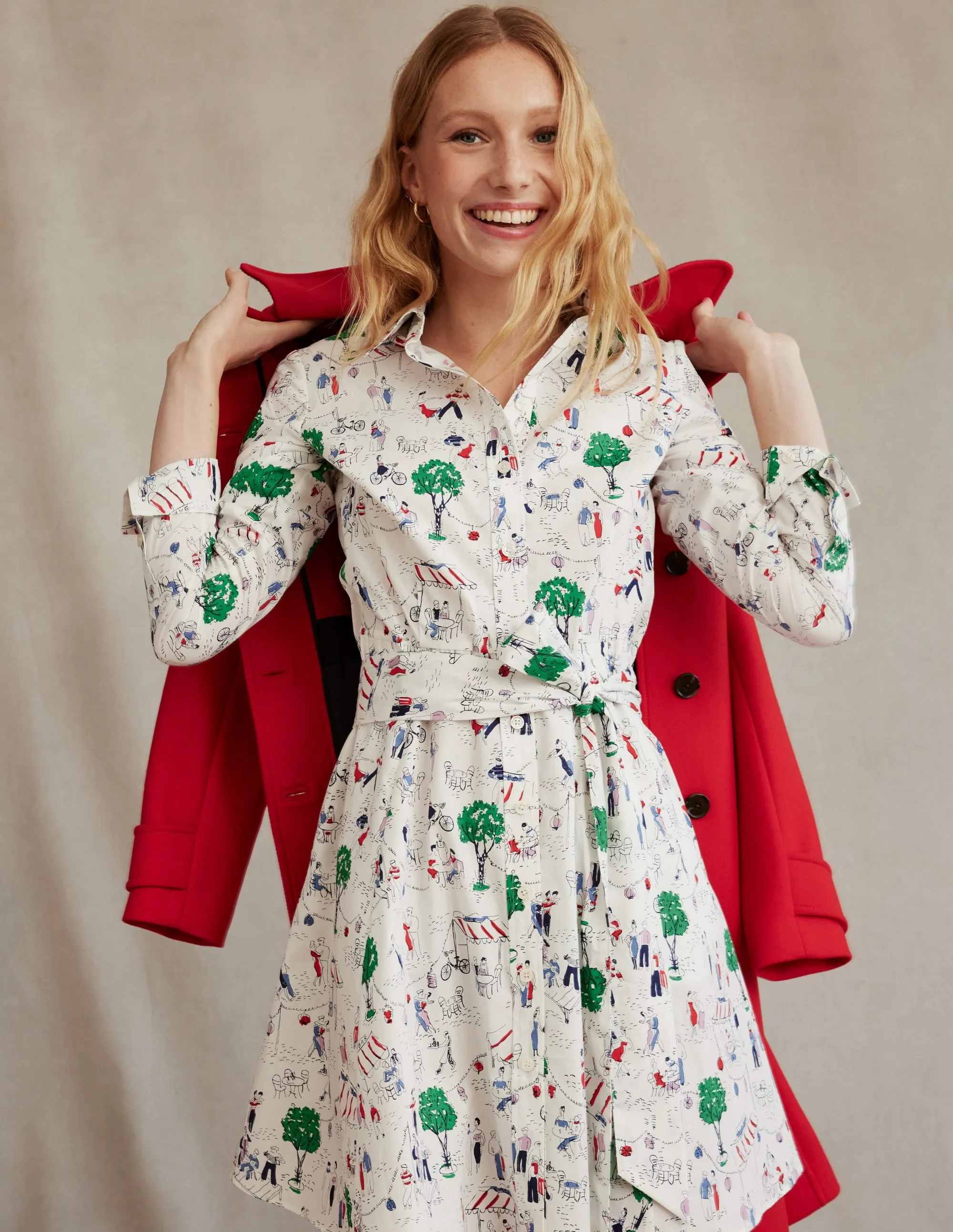 Amy Cotton Short Shirt Dress-Ivory, Paris Scene