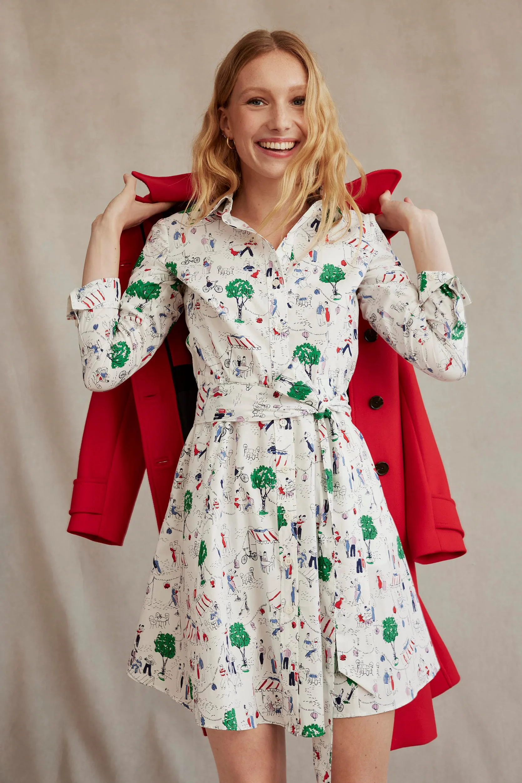 Amy Cotton Short Shirt Dress-Ivory, Paris Scene