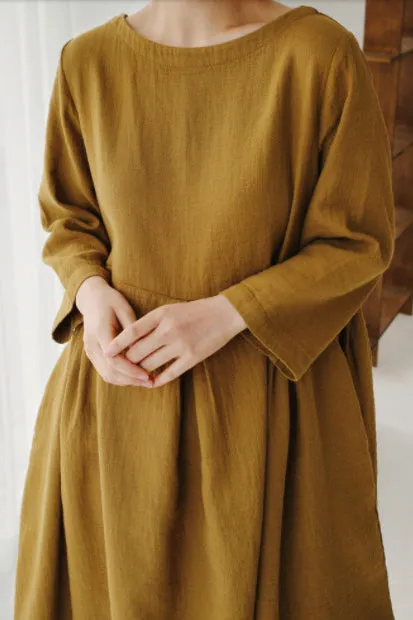 Apricot Cotton Pockets Patchwork Midi Dresses
