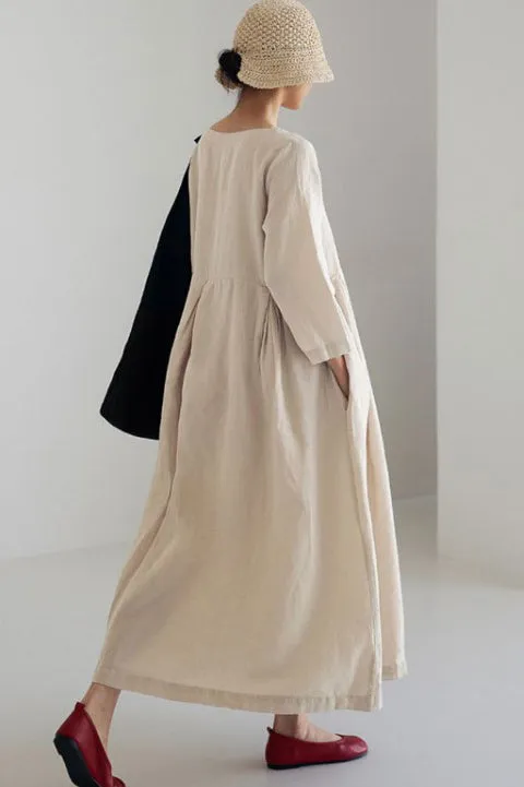 Apricot Cotton Pockets Patchwork Midi Dresses