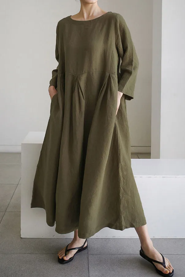 Apricot Cotton Pockets Patchwork Midi Dresses