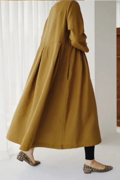 Apricot Cotton Pockets Patchwork Midi Dresses