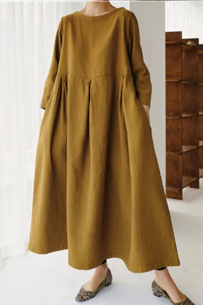 Apricot Cotton Pockets Patchwork Midi Dresses