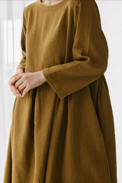 Apricot Cotton Pockets Patchwork Midi Dresses