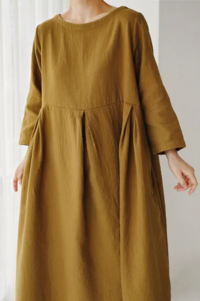 Apricot Cotton Pockets Patchwork Midi Dresses