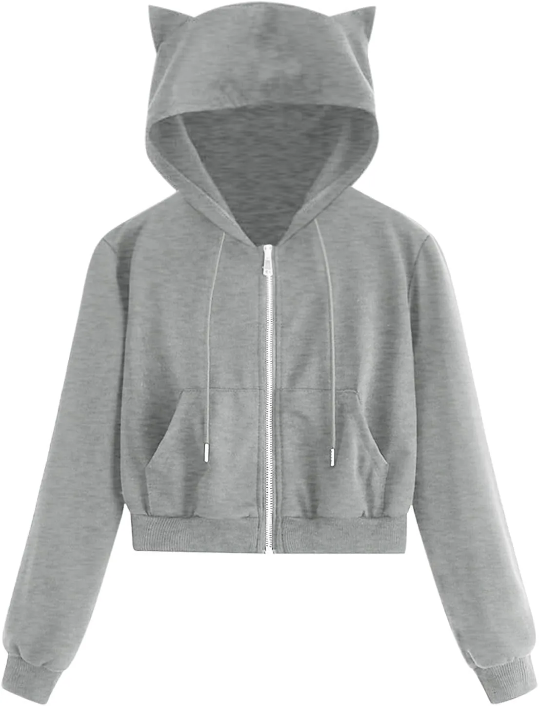 Cat Ear Hoodie Preppy Sweatshirt Womens SOlid Color Zipper Hooded Coats Pullover Long Sleeves Short Outwear Fall
