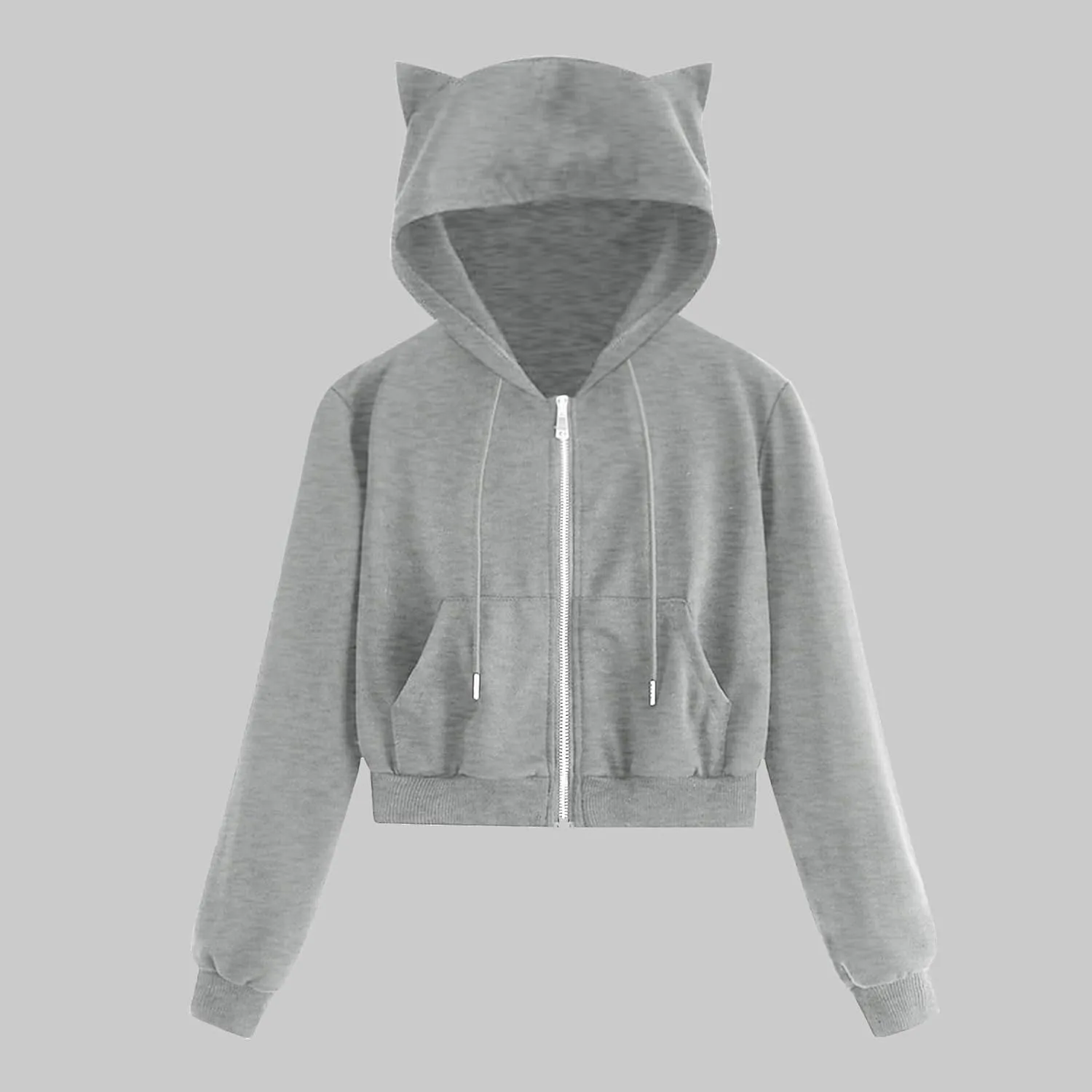 Cat Ear Hoodie Preppy Sweatshirt Womens SOlid Color Zipper Hooded Coats Pullover Long Sleeves Short Outwear Fall