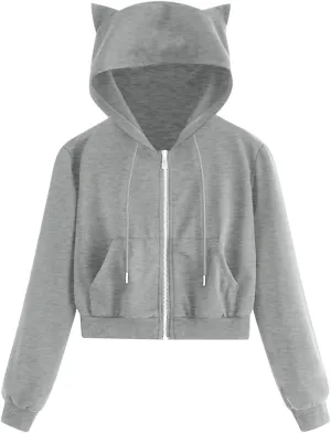 Cat Ear Hoodie Preppy Sweatshirt Womens SOlid Color Zipper Hooded Coats Pullover Long Sleeves Short Outwear Fall