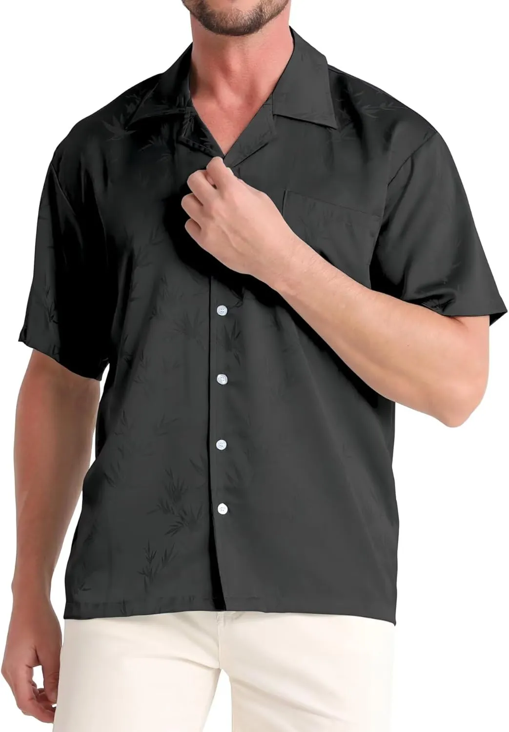 ELETOP Men's Hawaiian Shirts Summer Imitated Silk Jacquard Shirts Short Sleeve Casual Beach Shirts