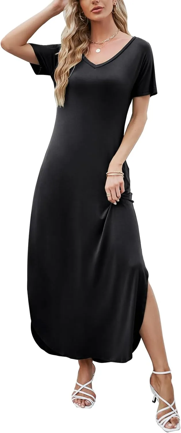 HUSKARY Women's Summer Maxi Dress Casual Loose Pockets Long Dress Short Sleeve Split Maxi Dresses