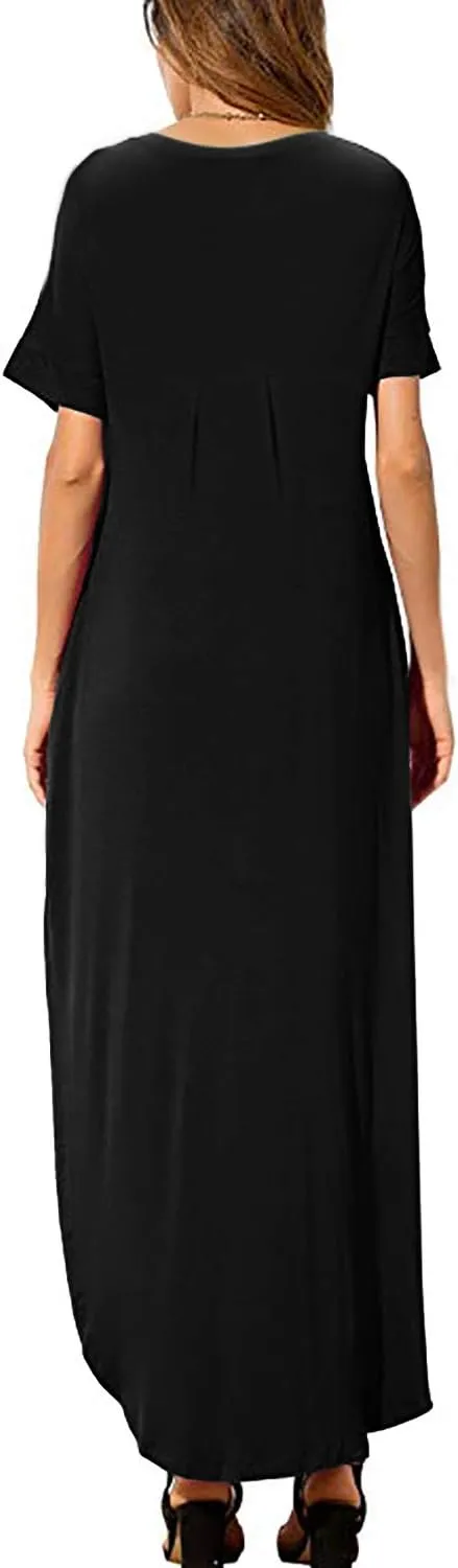 HUSKARY Women's Summer Maxi Dress Casual Loose Pockets Long Dress Short Sleeve Split Maxi Dresses