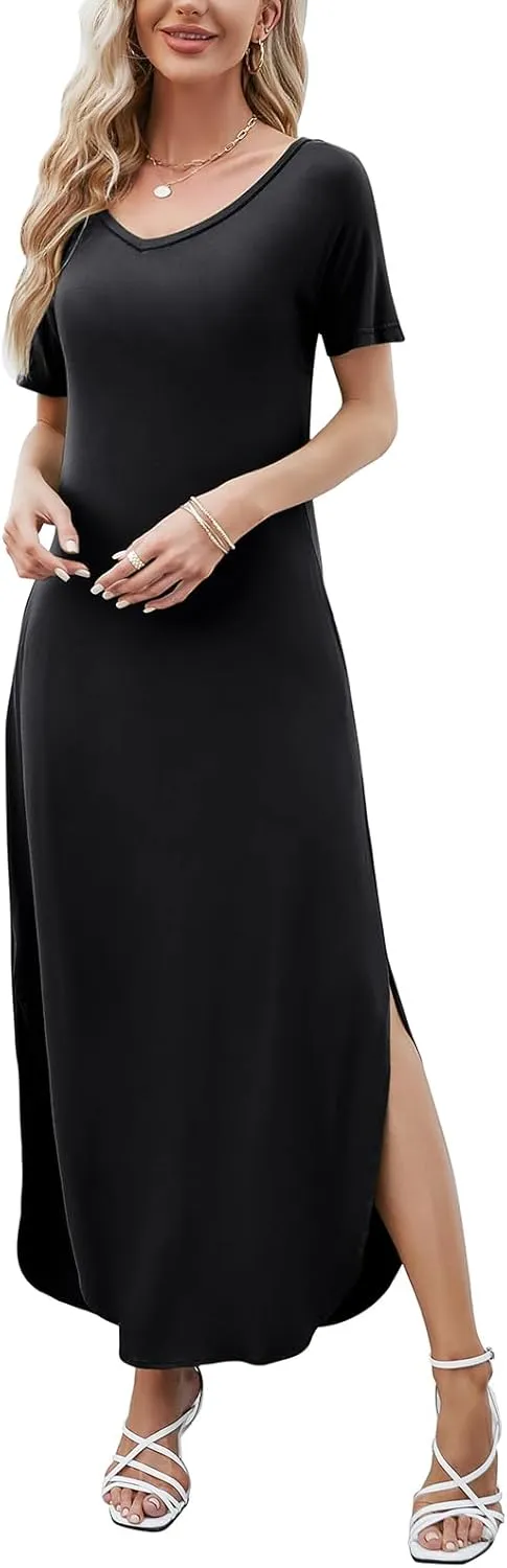 HUSKARY Women's Summer Maxi Dress Casual Loose Pockets Long Dress Short Sleeve Split Maxi Dresses
