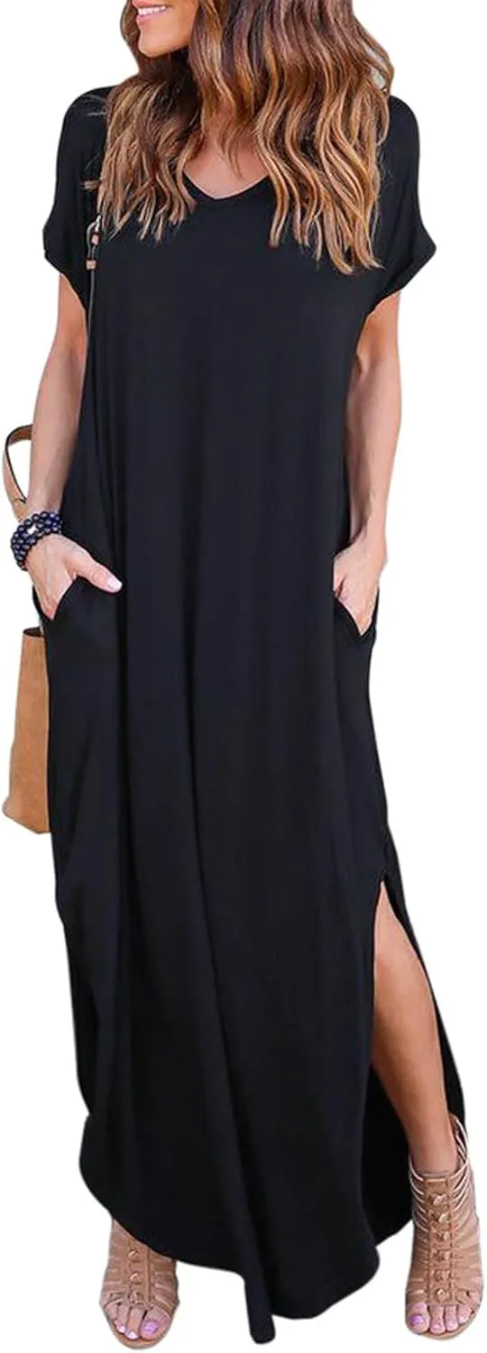 HUSKARY Women's Summer Maxi Dress Casual Loose Pockets Long Dress Short Sleeve Split Maxi Dresses