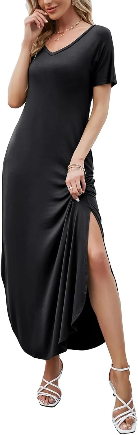 HUSKARY Women's Summer Maxi Dress Casual Loose Pockets Long Dress Short Sleeve Split Maxi Dresses