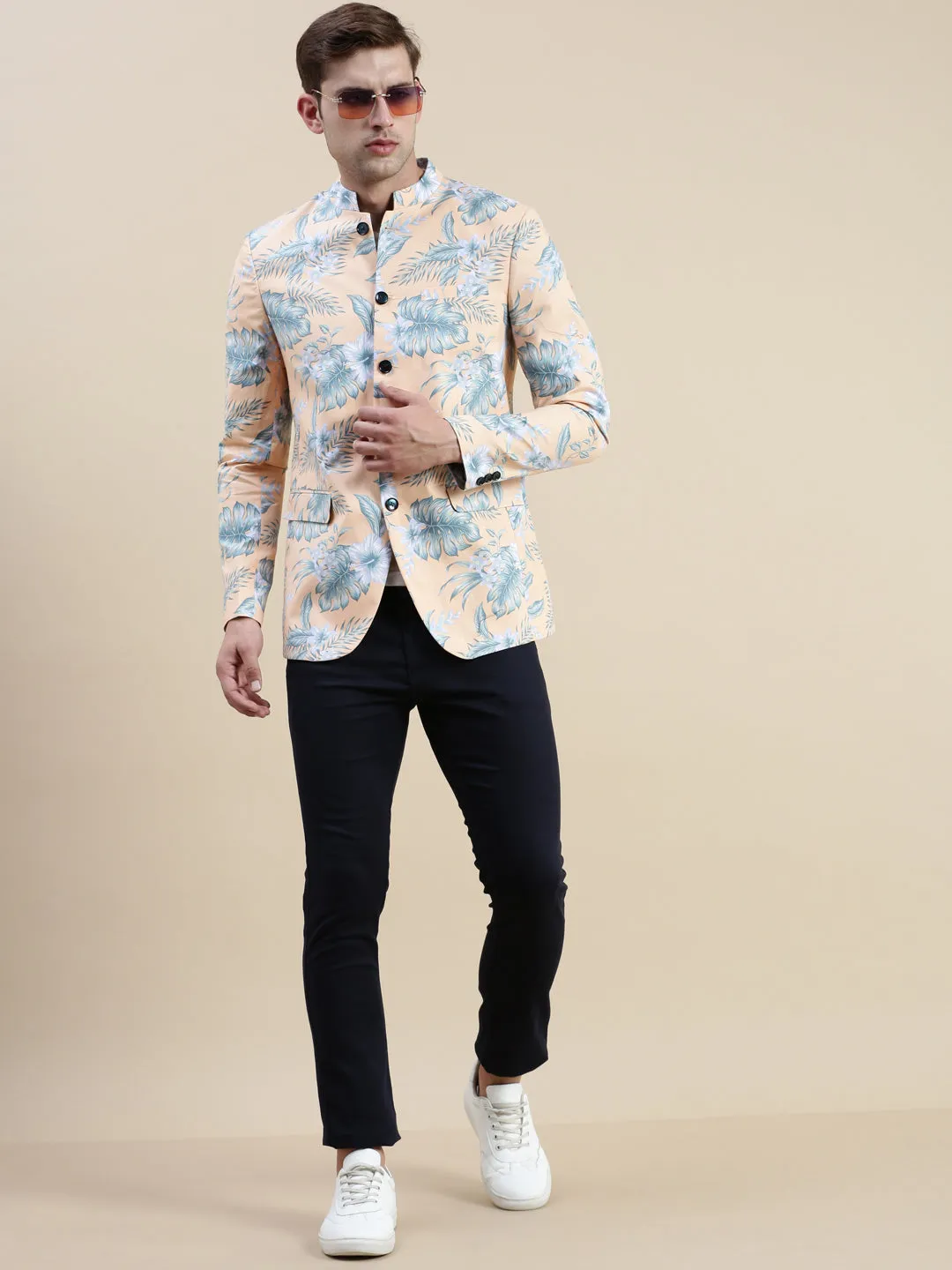 Men Coral Printed Cotton Bandhgala Blazers