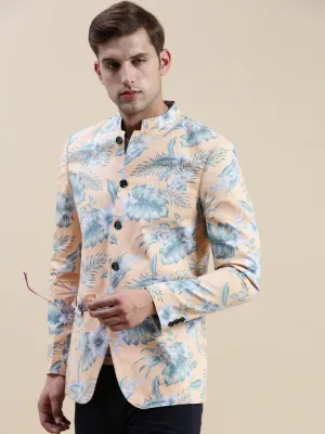 Men Coral Printed Cotton Bandhgala Blazers