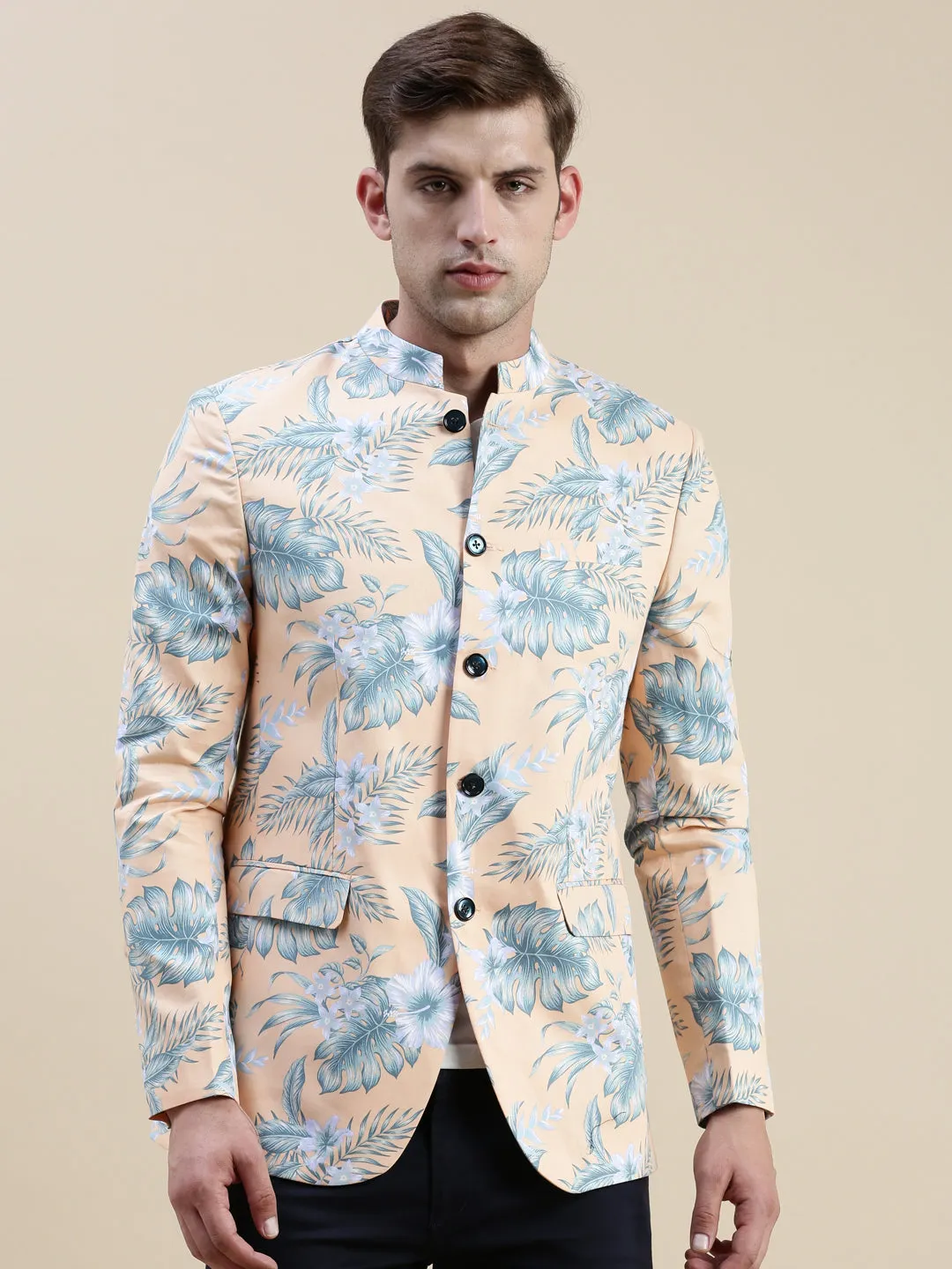 Men Coral Printed Cotton Bandhgala Blazers