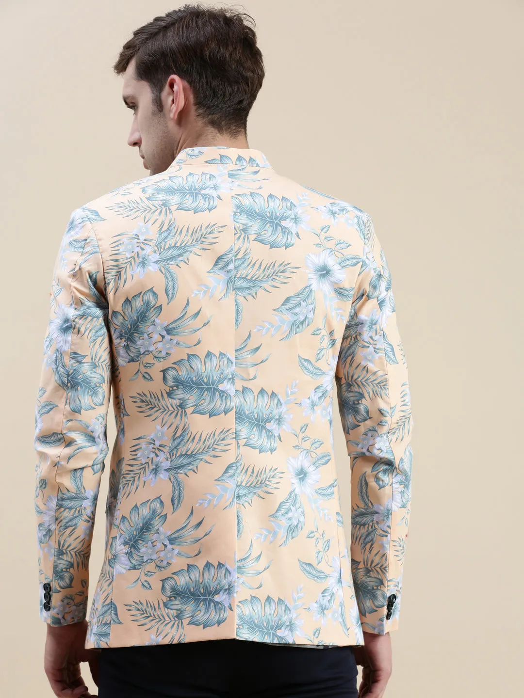 Men Coral Printed Cotton Bandhgala Blazers