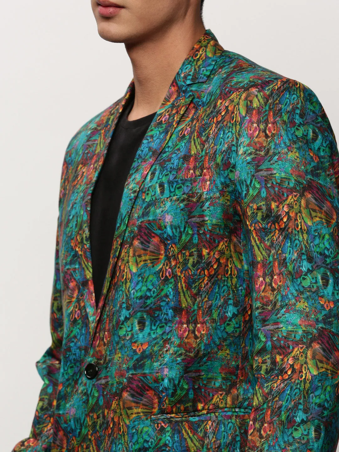 Men Turquoise Blue Printed Notched Lapel Single Breasted Blazer
