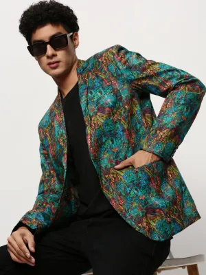 Men Turquoise Blue Printed Notched Lapel Single Breasted Blazer