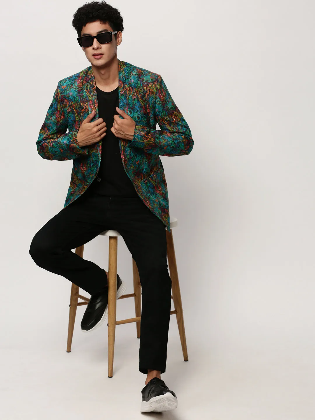 Men Turquoise Blue Printed Notched Lapel Single Breasted Blazer