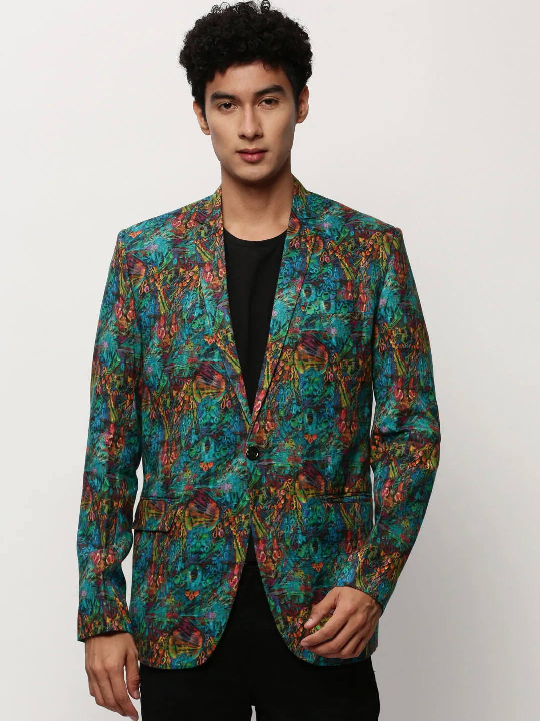 Men Turquoise Blue Printed Notched Lapel Single Breasted Blazer
