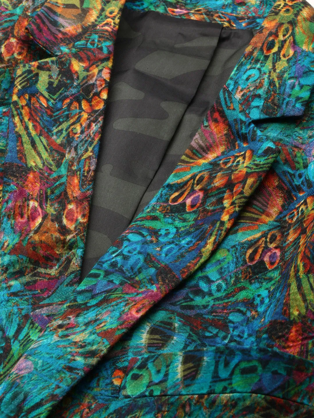 Men Turquoise Blue Printed Notched Lapel Single Breasted Blazer