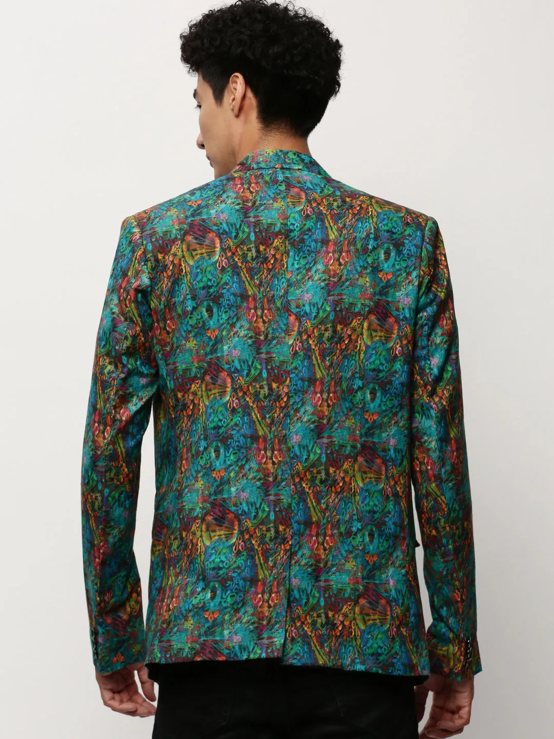 Men Turquoise Blue Printed Notched Lapel Single Breasted Blazer