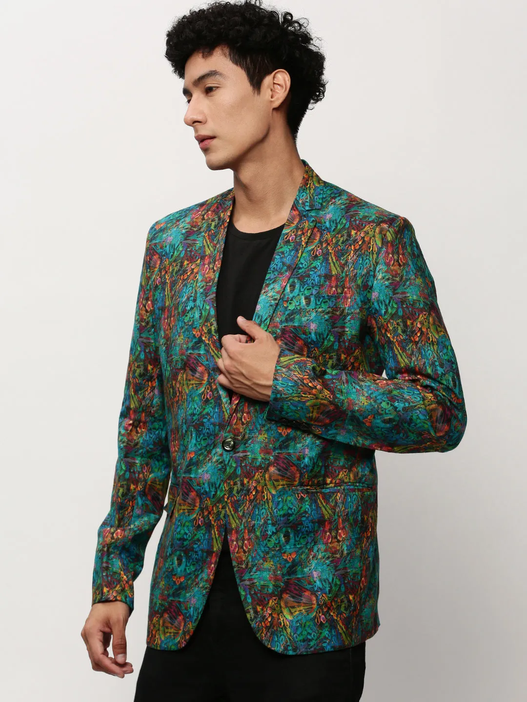 Men Turquoise Blue Printed Notched Lapel Single Breasted Blazer