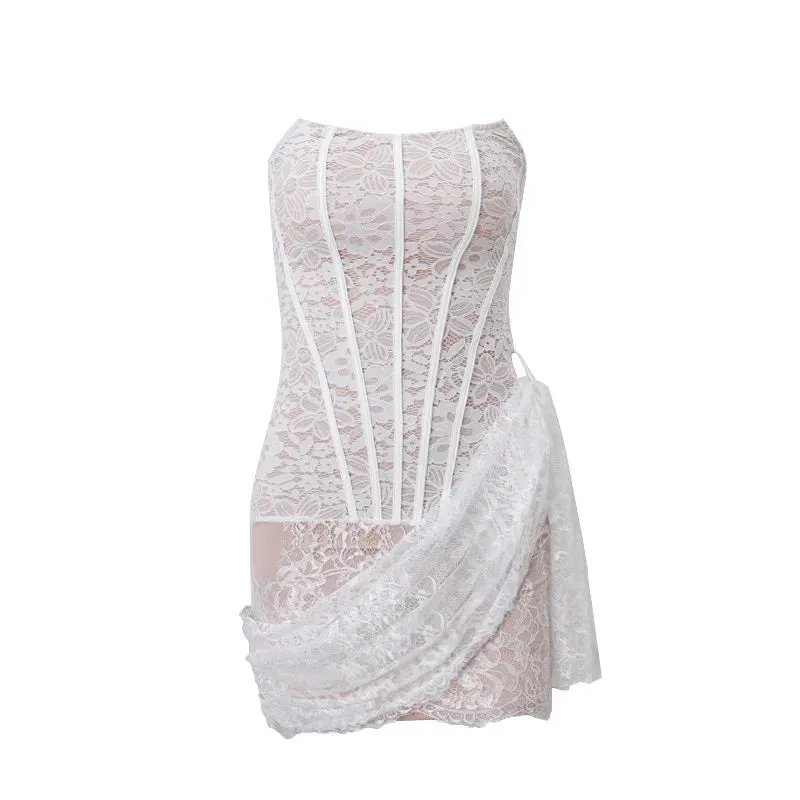 Mqtime Lace Mesh Dress for Women 2024 New Fashion Elegant Sleeveless Slash Neck Dress Chic Slim Strapless Spaghetti Strap Loose Dresses