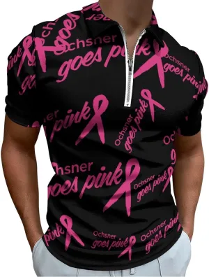 Ochsner Goes Pink Mens Zip Up Polo Shirts Short Sleeve Quick Dry Casual Sports Outdoor Golf Tennis Shirt