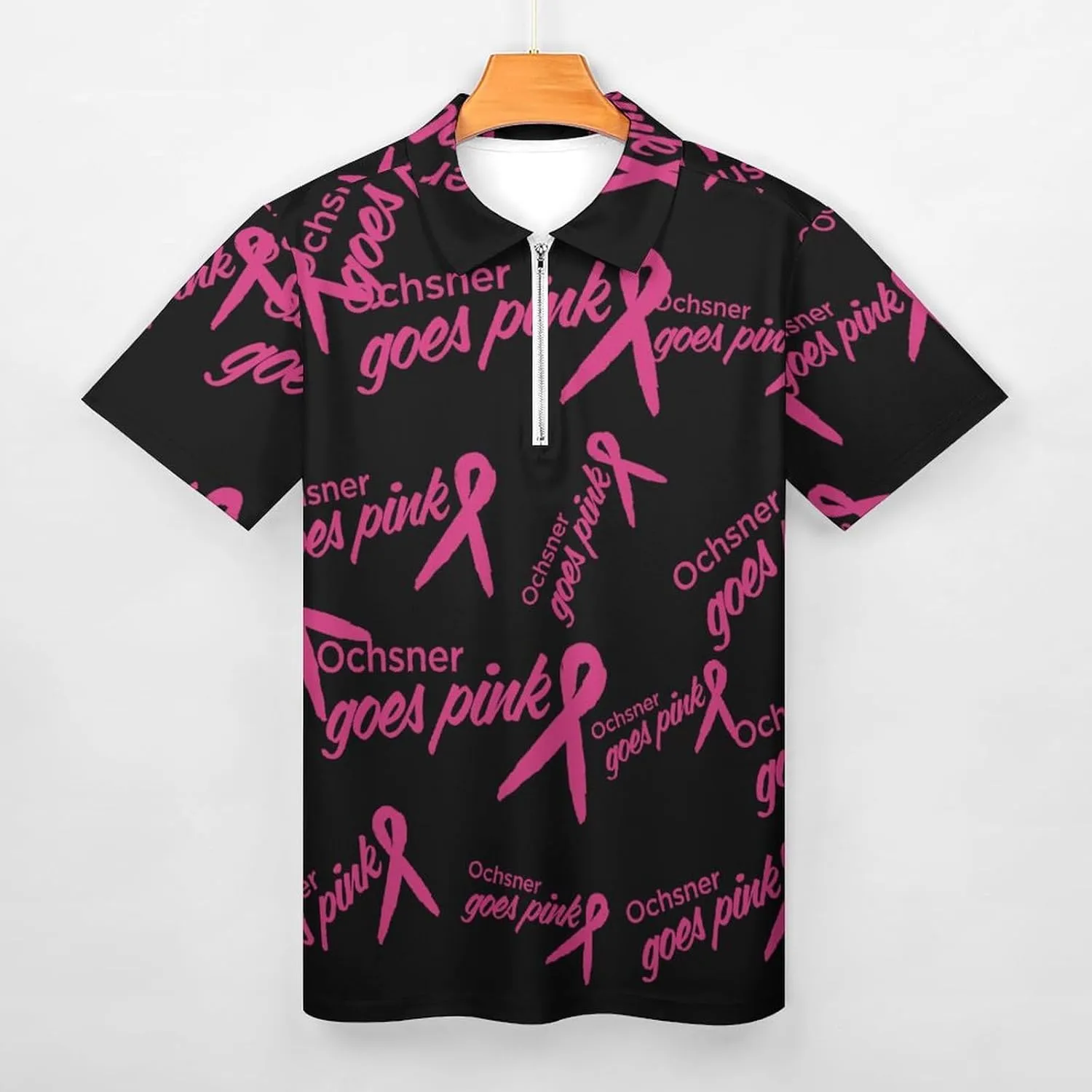 Ochsner Goes Pink Mens Zip Up Polo Shirts Short Sleeve Quick Dry Casual Sports Outdoor Golf Tennis Shirt