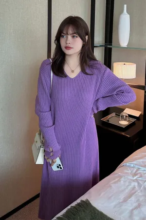 Temperament V-neck loose slimming knitted dress