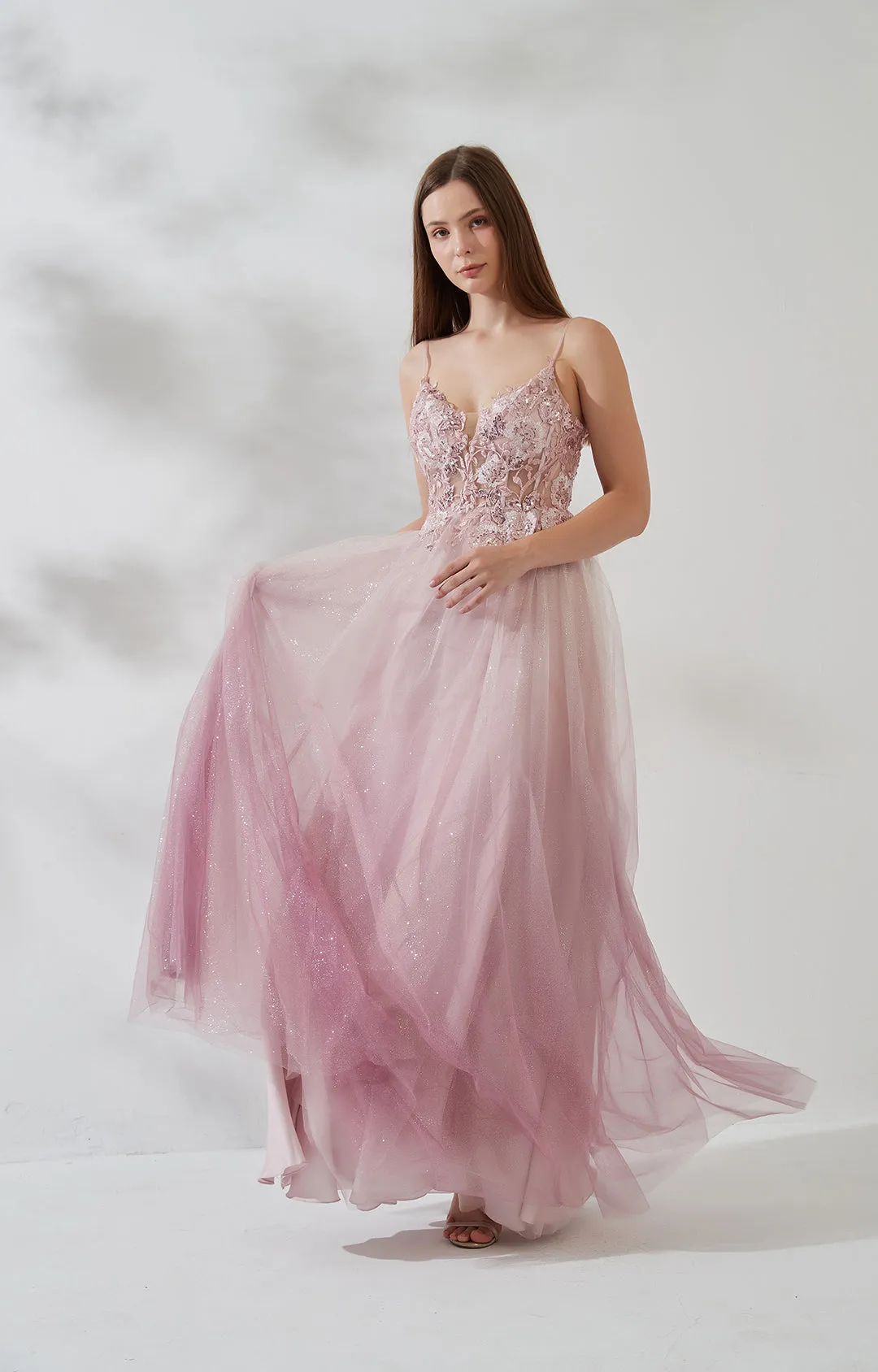 V-Neck Adjustable Spaghetti Straps Floor-length Prom Dress