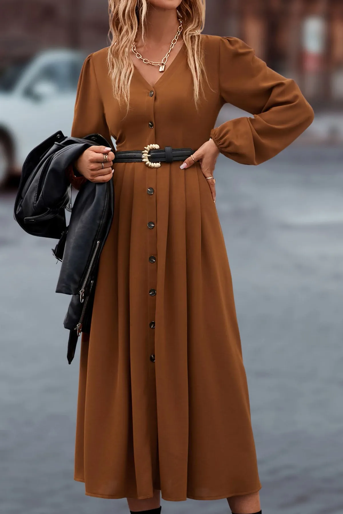 V Neck Button Front Bishop Sleeve Dress