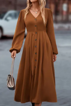 V Neck Button Front Bishop Sleeve Dress