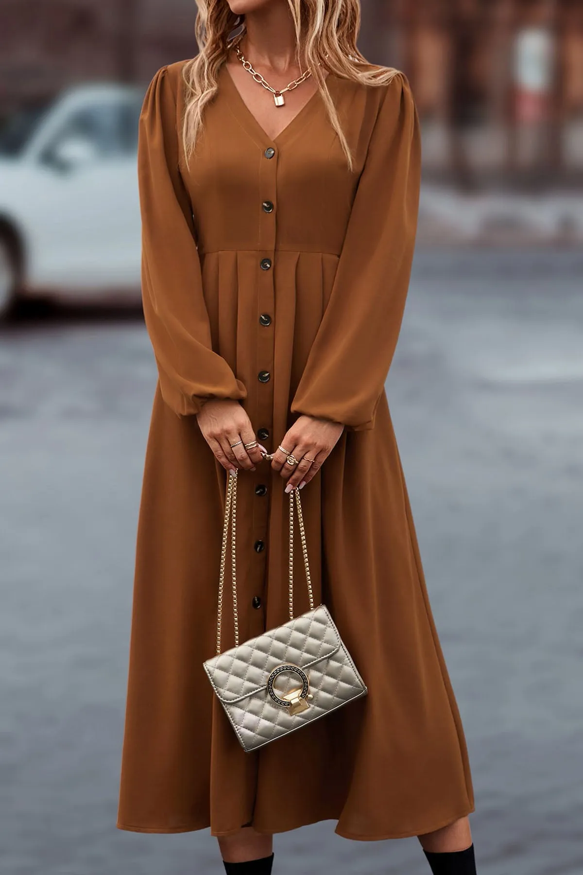 V Neck Button Front Bishop Sleeve Dress