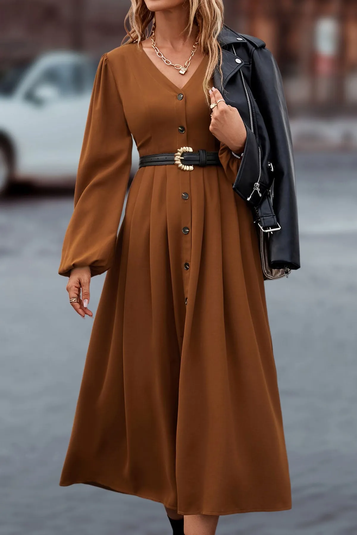 V Neck Button Front Bishop Sleeve Dress