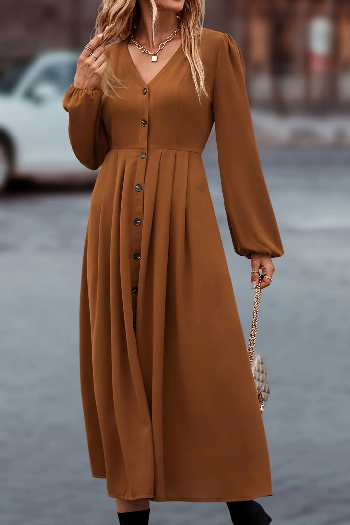 V Neck Button Front Bishop Sleeve Dress