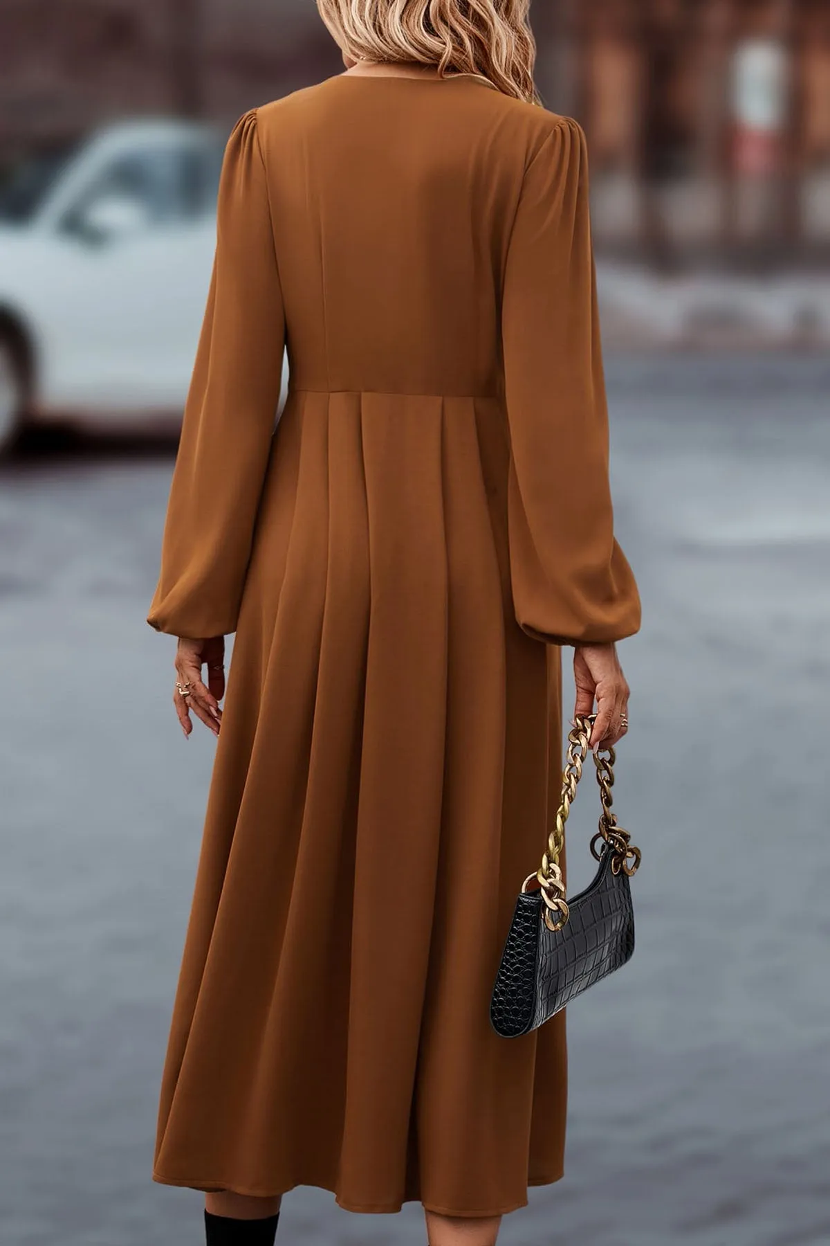 V Neck Button Front Bishop Sleeve Dress
