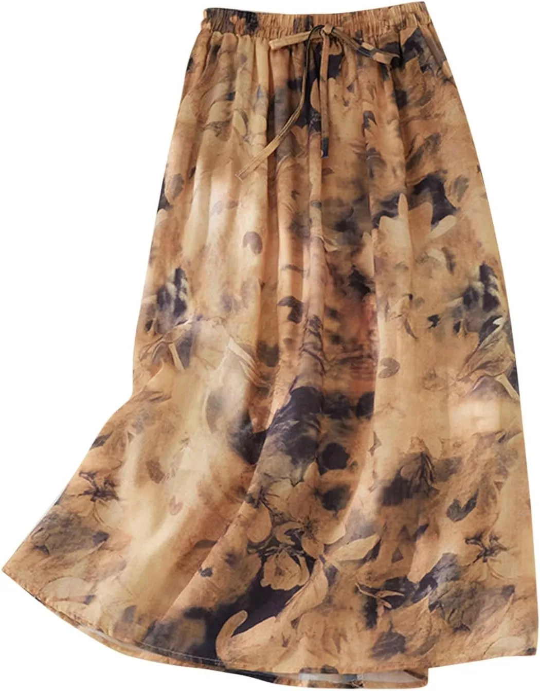 Vintage Floral Print Midi Skirt Women Drawstring Elastic Waist Flowy A-Line Skirts Casual Lightweight Beach Skirt