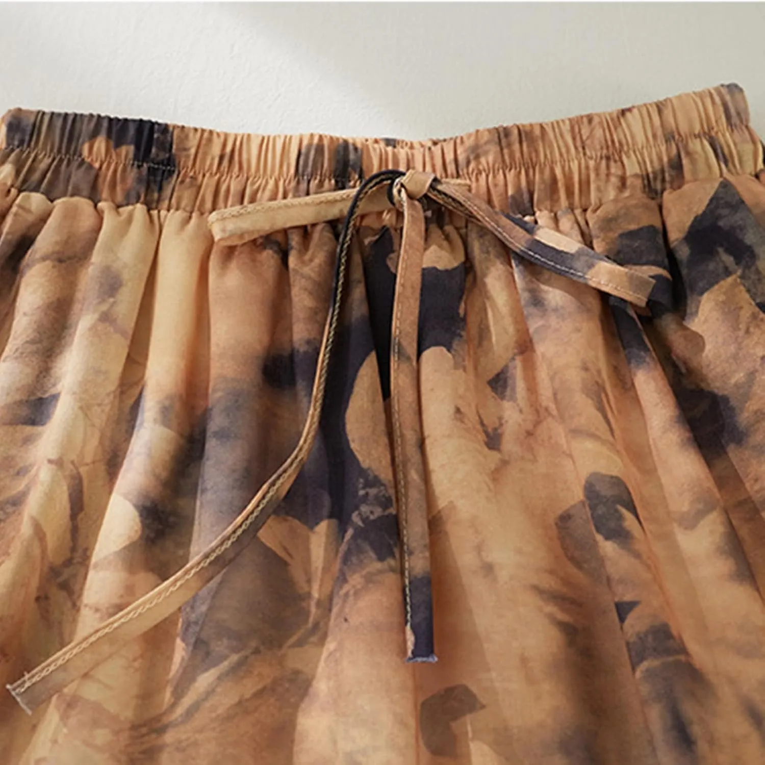 Vintage Floral Print Midi Skirt Women Drawstring Elastic Waist Flowy A-Line Skirts Casual Lightweight Beach Skirt