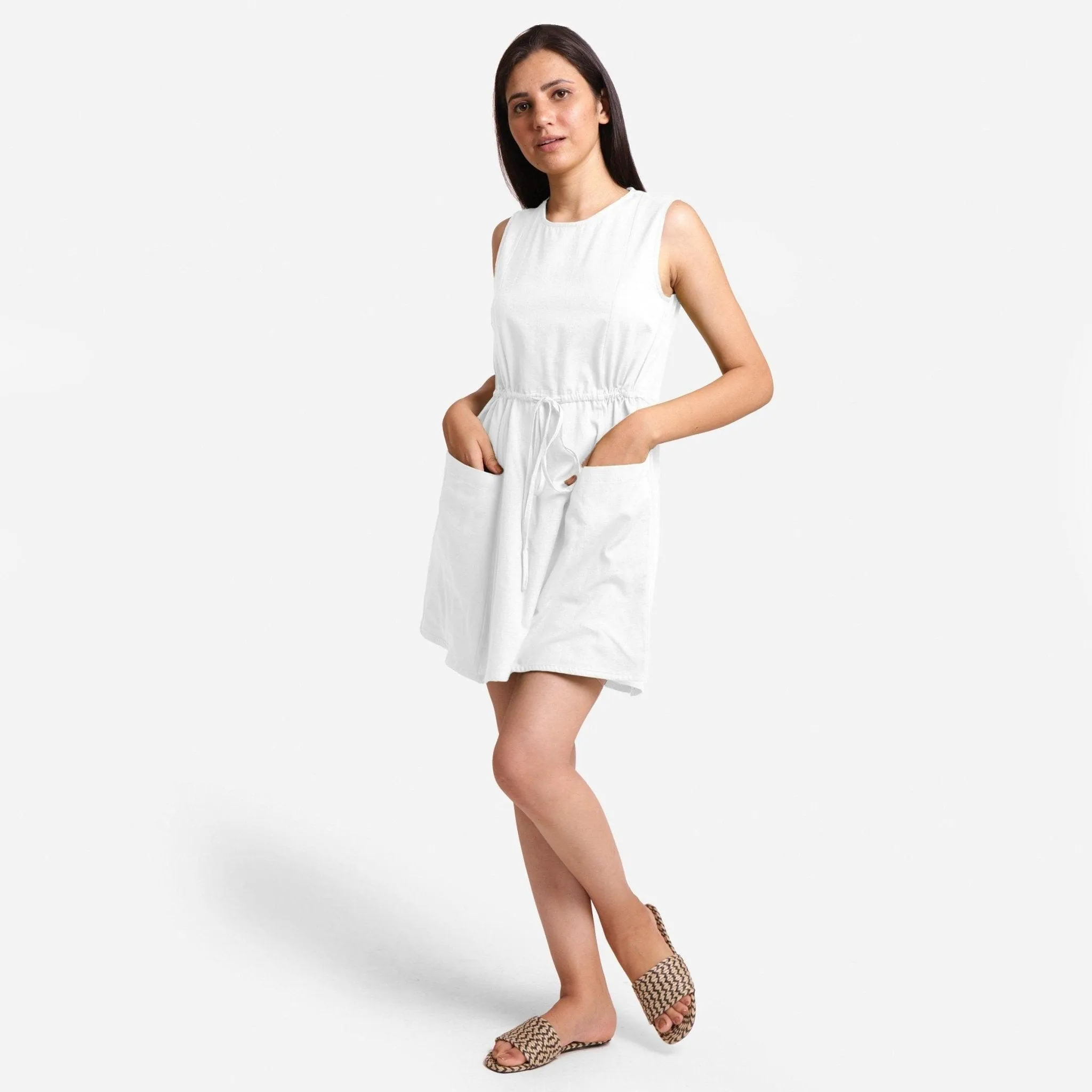 White Cotton Flax Princess Line Short Dress