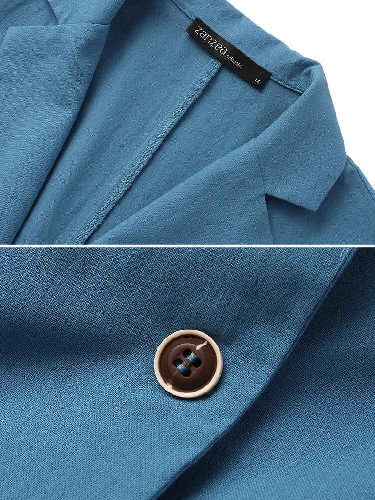 Women 100% Cotton Solid Color Button Front Business Thin All-Match Blazer With Pocket