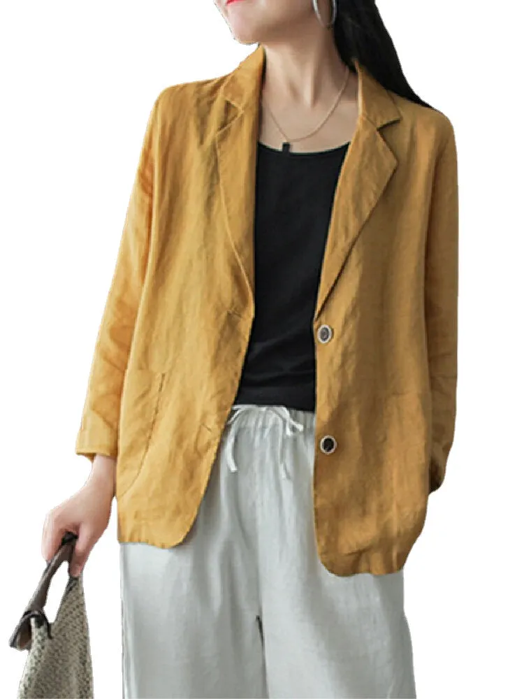 Women 100% Cotton Solid Color Button Front Business Thin All-Match Blazer With Pocket