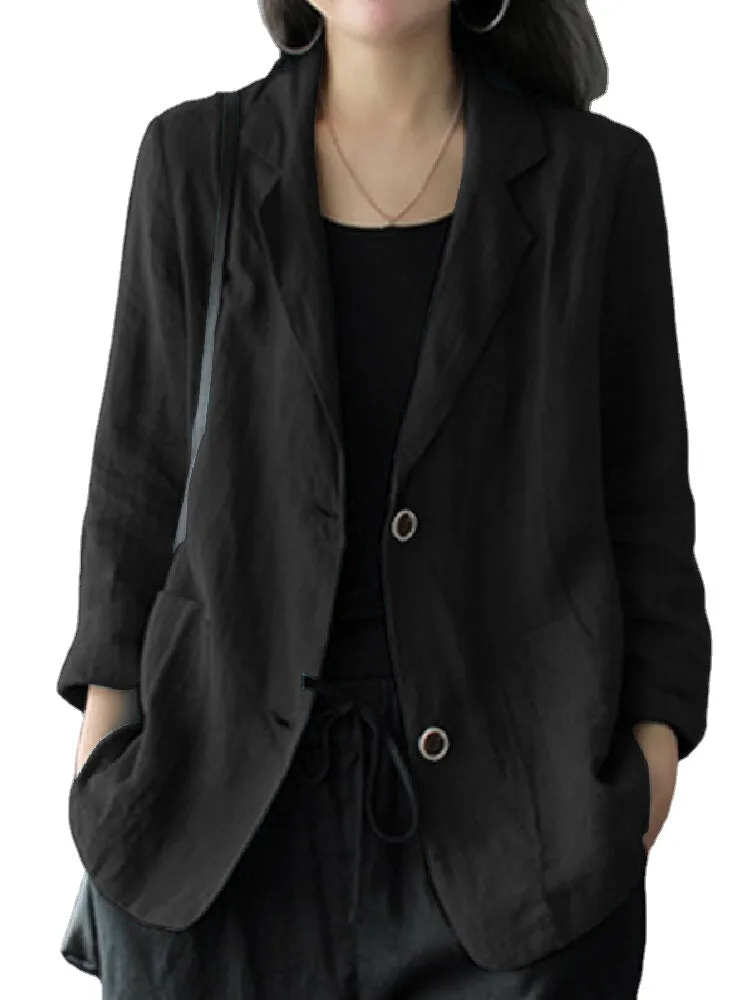 Women 100% Cotton Solid Color Button Front Business Thin All-Match Blazer With Pocket
