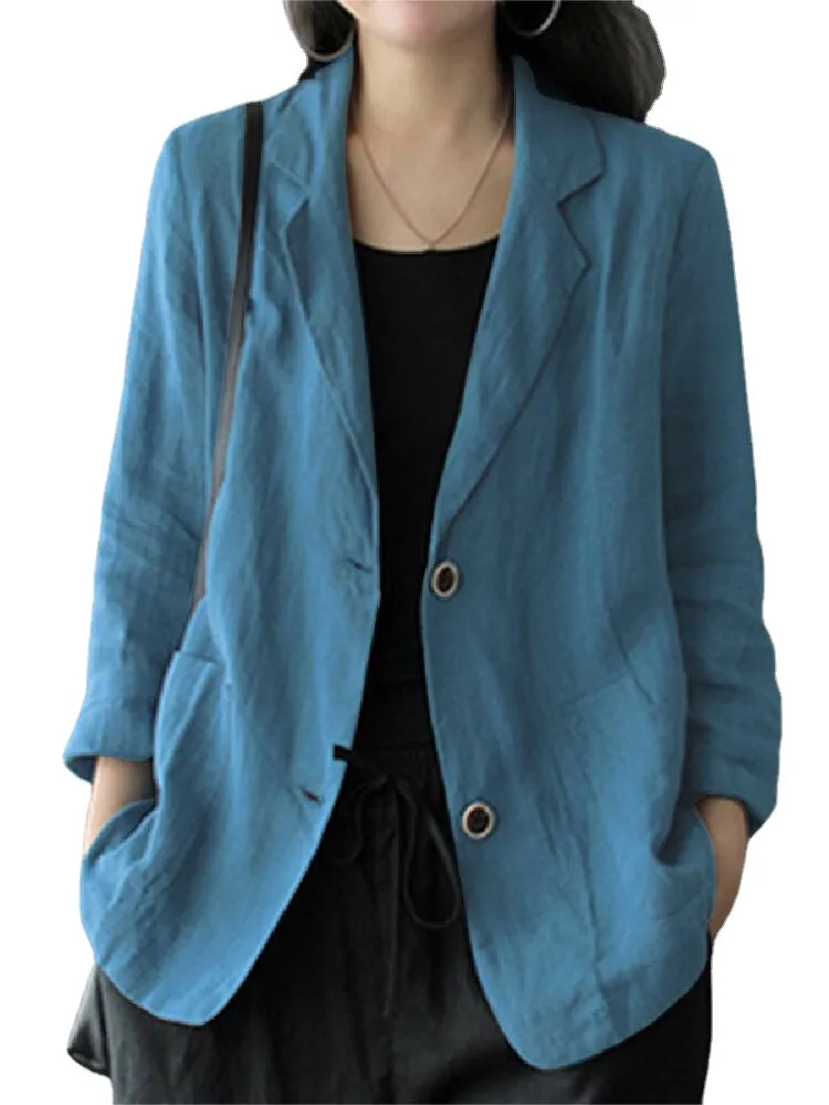 Women 100% Cotton Solid Color Button Front Business Thin All-Match Blazer With Pocket