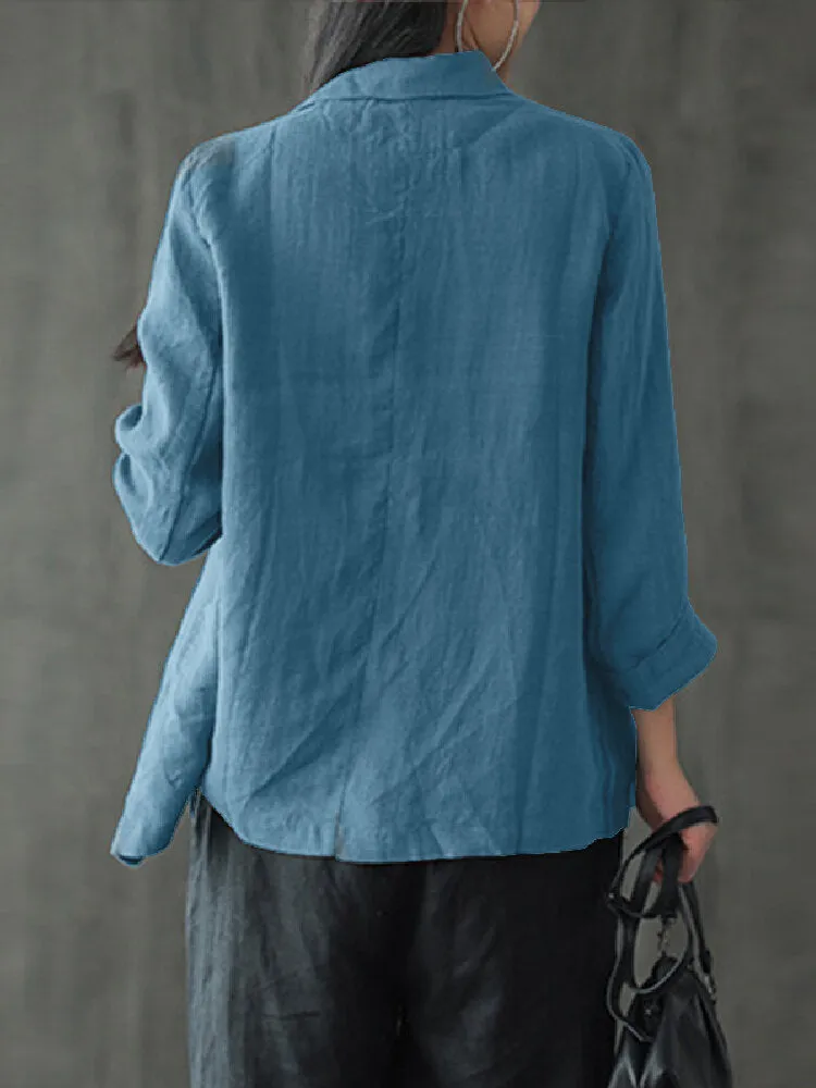 Women 100% Cotton Solid Color Button Front Business Thin All-Match Blazer With Pocket